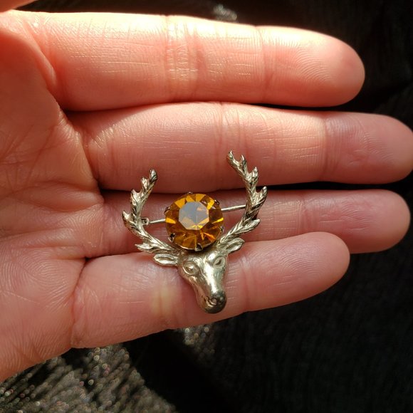 Vintage Sterling Silver Scottish Deer Stag With Orange Crystal Stone Bro… - Picture 5 of 8
